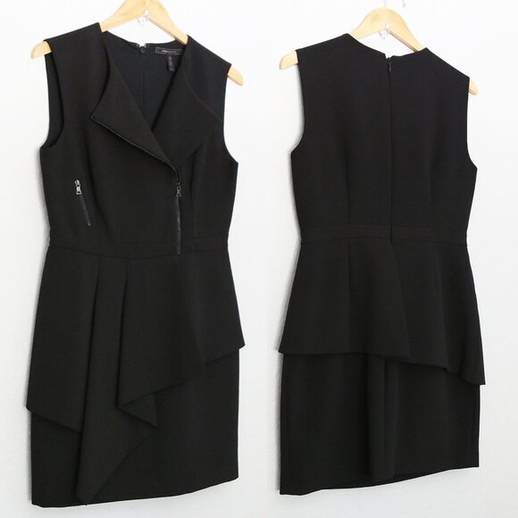 BCBGMaxAzria Black Nikki Zip Front Peplum Mini Dress 10 Stretchy Ponte Y2K $298 - Picture 6 of 14